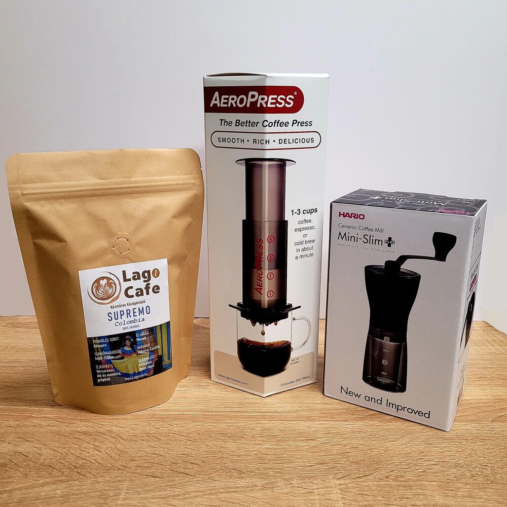 Aeropress kávékészítő hario mini mill slim plus kávéőrlővel és egy csomag lagocafe kávéval